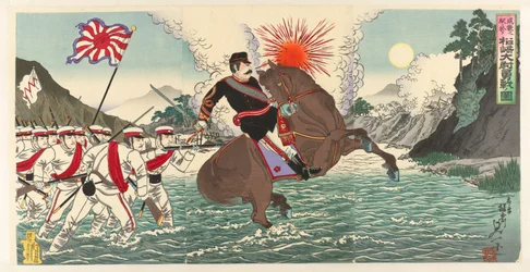 松桓の海戦における松崎大尉の壮絶な戦いを描く 清閑の駅に追って松崎体位有撰の図
