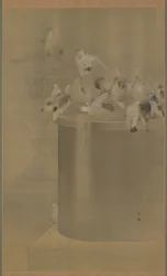 戦場寺の鳩（浅草観音寺）明治1877年（絹に墨と色）