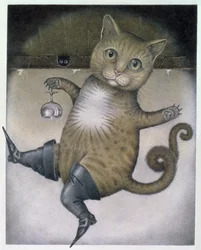 宙返りをする長靴をはいた猫（紙に鉛筆とカラークレヨン）