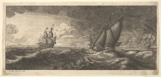 嵐の中のヨットと3隻の軍艦、1665年。