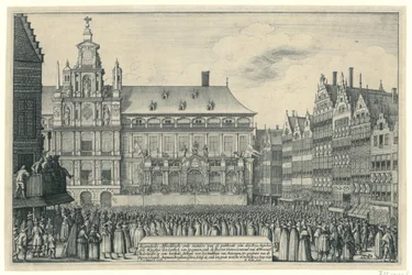 1648年、アントワープでのミュンスター和平宣言 Eygentlycke Pictorial den Peys の発行方法、syne Mayesteyt den Coninck van Spagnien と Heeren States General van de Vereenich[de] Nederlanden の間