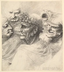 1646年、オークの葉のリースを持つ老人を含む5つのグロテスクな頭。