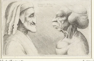 帽子をかぶった男（ダンテ？）と女のデフォルメ似顔絵 Varie figurae et probae (シリーズタイトル) レオナルド ダ ヴィンチ (シリーズ タイトル) の似顔絵、頭部、奇形