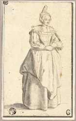 La Noblesse の版画にちなんで、小さく隆起した帽子をかぶった女性