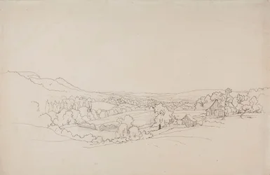 格子造りの家々のある起伏のある風景