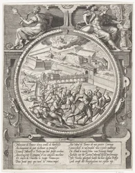 1577年、証券取引所の軍隊がトレスロングとメルヴィルのドイツ兵を城塞から追放する 1577 年のアントワープ城塞の占領を描いたメダリオン (シリーズ タイトル)