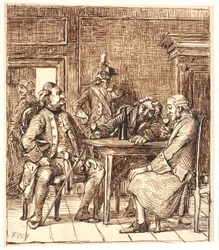 産科病棟の様子。 コルフィッツは将校とイェンス・オルセンと一緒にラインワインを飲む