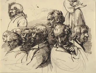 8人の男性の頭と1人の頭のない女性の学習シート