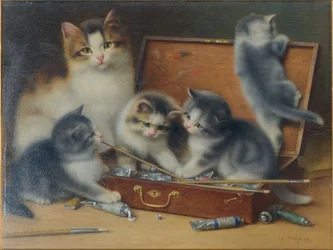 絵の具箱で遊ぶ母猫と子猫たち