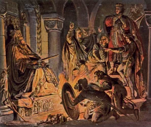 1000年、カール大帝の墓に眠るオットー3世（カラーリトグラフ）