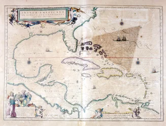 カリブ海：バミューダ群島、マイアミ、プエルトリコの間にバミューダ・トライアングルが見えます。Wilhelm BlaeuのAtlasによると