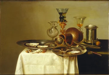 1637年、金箔のスタンド、陶器、カキに置かれたレーマーのある静物。