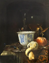 "Nature morte au bol de porcelaine chinoise" (中国製磁器の鉢を持つ静物) Peinture de Willem Kalf (1619-1693) 油彩・キャンバス 52,5x41,8 - Fondation Custodia