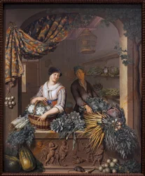 野菜のセールスマン。Willem van Mieris（1662-1747）による絵画、木に油彩