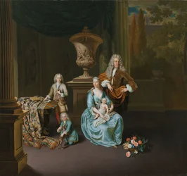 ディーデリク バロン ファン ライデン ファン フラーディンゲン (1695-1764)。 ライデン市長、妻のソフィア・ディナ・デ・ロヴェレと息子のピーター、ヤン、アドリアーン・ポンペジュス