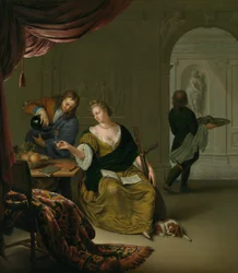 無視されたリュートリッチなインテリアでワインを飲むリュートを持つ女性、1705年。