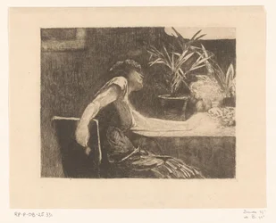 花とテーブルの女性 (原題)