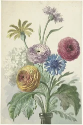 緑の花瓶の首に花束