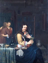 Interior com um Cavalier a beber e um casal a abraçar-se, c.1690-1700 (óleo sobre painel de carvalho)