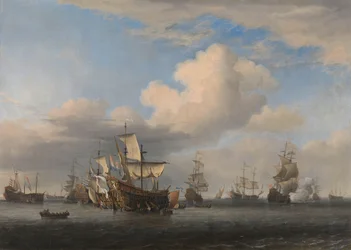 4 日間の戦いの後に拿捕されたイギリス艦艇 1666 年 6 月 11 ～ 14 日の 4 日間の戦いの後、拿捕された船「スウィフトシュア」、「セブン オークス」、「ロイヤル ジョージ」、「コンバーティーン」がゲーリーズ ゲートに運ばれます: 第二次英蘭戦争のエピソード