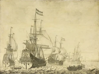 ドレンテとフレデリックヘンリー王子を含むオランダの戦争の男性と海の風景、1670年頃（パネルに絵画）
