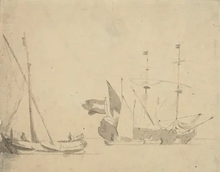 桟橋のボイエと停泊中のオランダ船、1665年頃（グレーのウォッシュ仕上げ）