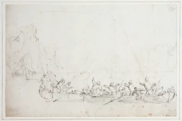 オランダまたはイギリスとバーバリー海賊の船上での戦い（1675年頃）（白亜