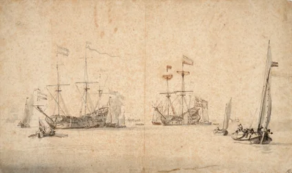 自由に走るカーグと錨を降ろす2隻のオランダ旗艦 1665年頃 （ペン、褐色インク、灰色水彩）