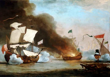 バーバリー・コルセアと行動するイギリス船、1680年頃、1685年頃（油彩・カンヴァス）