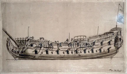 1675年頃に建造された、42門の砲を備えたイギリスの4等船。若き日のウィレム・ファン・デ・ヴェルデ（1633-1707）による水墨画。