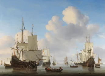 穏やかな海にオランダ船。 1665年頃