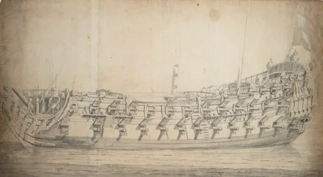 1679年に建造され、1700年に再建された3等船「グラフトン号」の肖像画、1680年頃（黒鉛、灰色水彩）
