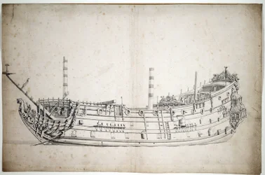 1623年に建造された70門の大砲を搭載した船「トライアンフ号」（または「セント・ジョージ号」）の肖像。