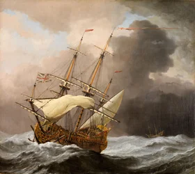 1678-80年、疾風にさらされた英国船ハンプトン・コート号。  