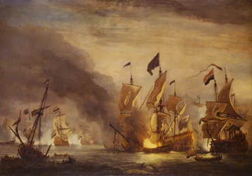 ソレベイの海戦におけるHMS「ロイヤル・ジェームス号」の焼失、1672年5月28日、17世紀後半、油彩・カンヴァス