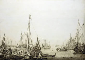 混雑した港に停泊するさまざまな船。この絵は、1660年、イングランド王位復権中のチャールズ2世（1630-1685）のハーグ（オランダ）への航海にちなんで描かれた。