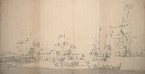 混雑した港で陸揚げされるウェイシュイット（1672年頃、黒鉛画）