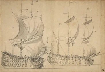 1677年頃、帆を張ったイギリスの三等船と四等船（鉛筆、水彩）