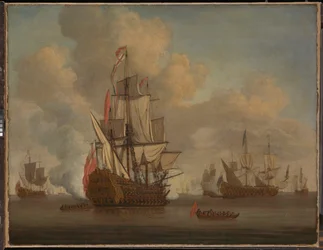 凪：帆を広げた英国の2階建て船が敬礼の砲火を放つ