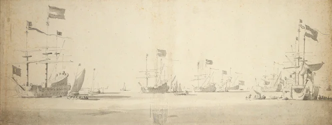 停泊中のオランダの旗艦と並走する船、1664年頃（黒鉛、グレーのウォッシュ仕上げ）