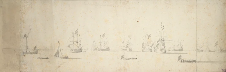 沖に停泊するオランダ船、1664年頃（黒鉛、灰色水彩）