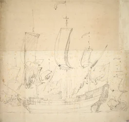 ジョージ」号の肖像画？1672年購入の火力船、6門、1674年基礎工事のため沈没、1673年頃（オフセット、黒チョーク）