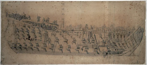 1670年に建造された、96門の大砲を備えた一等船「ロンドン」の肖像。1676年頃、Willem van de Velde l