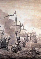 1658年11月8日、オランダ艦隊とスウェーデン艦隊の間で行われた「サウンドの戦い」。詳細 - 油彩・水墨画