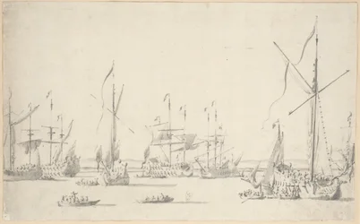 1677年頃、シアーネス近郊に停泊中のヨットと船（黒鉛、グレーのウォッシュ仕上げ）