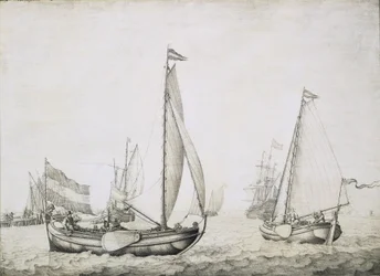 おそらくアムステルダム（オランダ）の港に停泊中の2隻のオランダ船。木地にグリザイユ、1660年頃、ウィレム・ファン・デ・ヴェルデ（1611-1693）作。