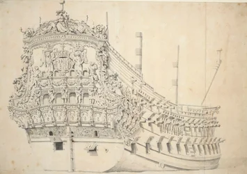 フランス製2階建て船の肖像。1666-1667年にオランダで建造、1667年頃（黒鉛、灰色ウォッシュ）