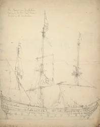 Beurs van Amsterdam」の肖像。1654年、インディアマンとして建造。52門。1665年アメリカ合衆国の御用船となる。1666年、当社に返還（オフセット）。