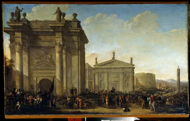 凱旋行進。 ウィレム・ヴァン・デ・ヴェルデ・ザ・ヤンガー（1633-1707）による絵画。 キャンバスに油彩、オランダ美術、バロック様式。 国立野外博物館パレス ガッチナ、サンクトペテルブルク。