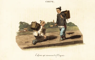 馬糞を集める中国の子供たち